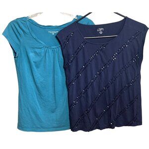 Ann Taylor Loft 2 Tops Bundle Navy Teal Cotton Feminine Knit T-shirts Womens S